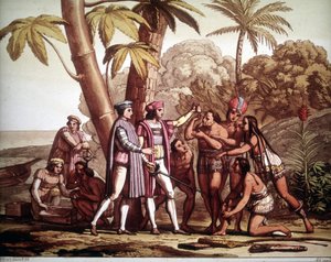 Die ersten Indianer, die Christoph Kolumbus bei seiner Ankunft in Amerika erschienen, - in „Das alte und moderne Kostüm“ von Jules Ferrario von Unknown artist