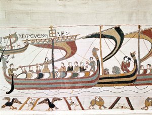 Die Flotte von Wilhelm I. dem Eroberer (1027 - 1087) auf dem Weg nach England - Bayeux-Tapete, bekannt als Stickerei der Königin Mathilde