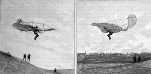 Das fliegende Flugzeug von Otto Lilienthal (1848-1896), deutscher Luftfahrtpionier, in zwei verschiedenen Positionen (von einem Sofortfoto). Gravur in „La Nature: revue des sciences et de leurs applications aux arts et a l