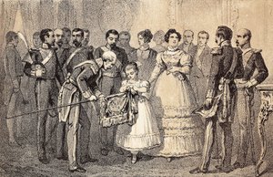 Die zukünftige Königin von Spanien Isabella II. (Isabella von Bourbon) (1830-1904) dekoriert die Fahne der Speere der Garde des Ordens von San Fernando. Lithographie. von Unknown artist