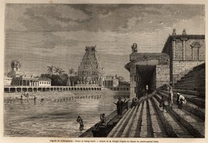 Der Ghat oder heilige Teich der Chillambaran-Pagode, am Golf von Bengalen, nahe Pondichery (Indien); einige Gläubige steigen die monumentale Treppe hinab, um ein Bad zu nehmen oder Reinigungsrituale durchzuführen. Illustration einer Expedition zur Pagode von Unknown artist