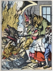 Die Ziege tötet den Wolf im Kamin. Illustration des Märchens „Compere le Loup, Maitre Renard, Comere la Chevre et ses petits biquets“ nach einer Fabel von Jean de la Fontaine. In „Märchen aus dem Heim für die Kleinen“. Anonyme Gravur des 19. Jahrhunderts. von Unknown artist