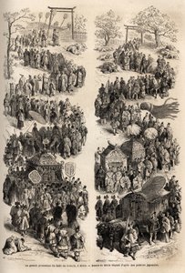 Die große Prozession des Mikado (Kaiser von Japan), im Dairi, dem alten kaiserlichen Schloss von Heian-kyo (Heian Kyo, heutiges Kyoto) von 794 bis 1869. Gravur zur Illustration der Reise nach Japan in den Jahren 1863-1864 von Aime Humbert, Minister der Sch von Unknown artist