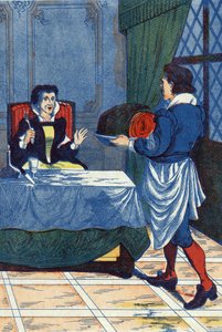Der Hotelmeister serviert der Ogerin ein Kind. Illustration für „Dornröschen“ von Charles Perrault