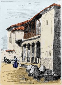 Das Haus von Sante de Valcuebo in Salamanca, wo Christoph Kolumbus seine erste Konferenz abhielt. Gravur des 19. Jahrhunderts von Unknown artist