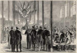 Der kaiserliche Prinz Eugene Louis Joseph (1856-1879) nimmt am Bankett des Heiligen Karl des Großen in Paris im Lycée Bonaparte (später Lycée Condorcet) teil. Gravur in „The Universe illustrious“. von Unknown artist