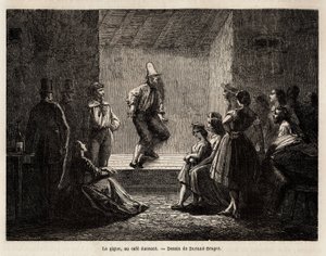 Der Zitterer in einem Tanzcafé, Zeichnung von Durand Brager, zur Illustration eines Ausflugs in die armen Londoner Viertel im Jahr 1862 von L. Simonin. Gravur in „Le tour du monde“, herausgegeben von Edouard Charton