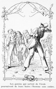 Die Kinder, die die Schule verlassen, jagen den Mann ohne Schatten - in „Die wunderbare Geschichte von Peter Schlemihl“ von Aldebert Von Chamisso von Unknown artist