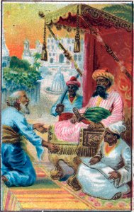 Der König und der Inder. Märchen „Geschichte des verzauberten Pferdes“ in „Tausendundeine Nacht“. Chromolithographie aus dem späten 19. Jahrhundert. von Unknown artist