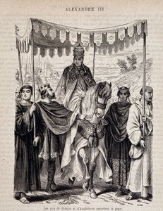 Die Könige von Frankreich Ludwig VII. der Jüngere (1120 - 1180) und England eskortieren Papst Alexander III. - in „Histoire des popes“