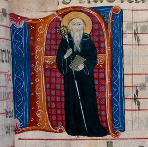 Der Buchstabe A mit einer Darstellung von St. Benedikt: f.70r eines Antiphonars von Unknown
