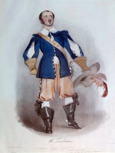 Der lyrische Sänger Antonio Tamburini (1800-1876) in der Rolle des Riccardo für die Oper „I puritani“ von Vincenzo Bellini (1801-1835), Aquarell von 1836. Paris, Bibliothek des Opernmuseums