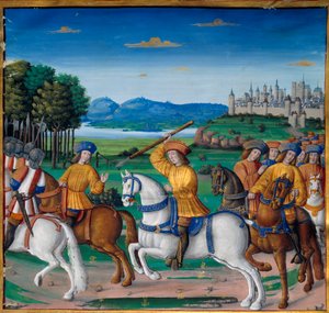 Der Wahnsinn von Karl VI. (1368-1422). Am 5. August 1392 begann er im Wald von Le Mans, Anfälle von wütendem Wahnsinn zu erleben: Er schrie nach Verrat, griff seine eigene Truppe an und tötete vier Menschen. Chroniken von Enguerrand de Monstrelet von Unknown artist