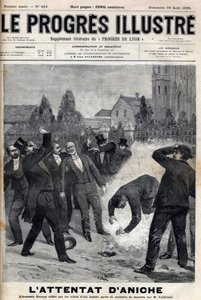 Der Mörder Clement Decoux wird Opfer seines versuchten Angriffs auf Emile Vuillemin (1822-?), Direktor der Minen von Aniche, der am 4. August 1895 seinen fünfzigsten Jahrestag an der Spitze der Kohleproduktion feiert (Stich in „Le Progres illustre“) von Unknown artist