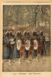 Die Nuba der Turcos von Algerien, die durch die Straßen von Paris marschieren. Gravur in „Le petit journal“ 25/10/1896. Sammlung Selva.