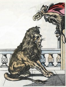 Der Oger verwandelt sich auf Wunsch des gestiefelten Katers in einen Löwen. Illustration des Märchens „Der gestiefelte Kater“ von Charles Perrault von Unknown artist