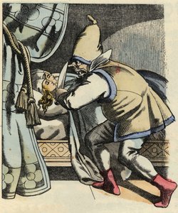 Der Oger köpft seine sieben Töchter, weil er denkt, er tötet den kleinen Poulet und seine Brüder. Illustration aus dem Märchen „Der kleine Däumling“ von Charles Perrault
