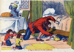 Der Oger entdeckt die Kinder. Illustration für „Le Pepetit poucet“, Märchen von Charles Perrault (1628-1703), französischer Schriftsteller. Anonyme Illustration. Bildmaterial Marcel Vagne, Jarville Nancy, undatiert (spätes 19. Jahrhundert) von Unknown artist