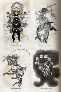 Das Pantheon der japanischen Gottheiten: traditionelle Darstellung einiger typischer Figuren: der Schutzpatron des Reitens; Marisiten, der Kriegsgott; Futen, der Windgott; Raiden, der Donnergott. Illustration der Reise nach Japan, 1863-1864, von