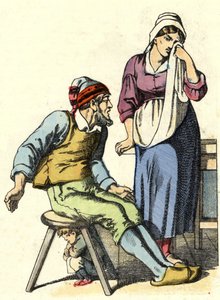 Die Eltern des kleinen Däumlings beschließen, ihre Kinder im Wald auszusetzen. Illustration des Märchens „Der kleine Däumling“ von Charles Perrault. von Unknown artist