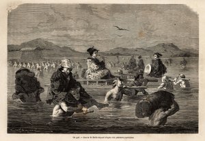 Die Passage eines Fährmanns, mit Darstellung der Methoden zum Transport von Passagieren und Gepäck. Gravur zur Illustration der Reise nach Japan, in den Jahren 1863-1864, von Aime Humbert, Minister der Schweizerischen Eidgenossenschaft, in „Le tour du mond