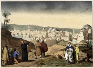 Die Pilger erreichen die Stadt Jerusalem. Anonyme Gravur aus der Mitte des 19. Jahrhunderts - in „Grand Catéchisme des Familles“.