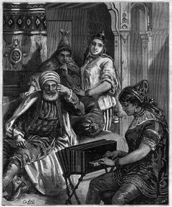 Die Bevölkerung von Tunesien im 19. Jahrhundert - Samstagabend in einer jüdischen Familie in Tunis - Gravur von Castelli in „journal des voyages“ 1884