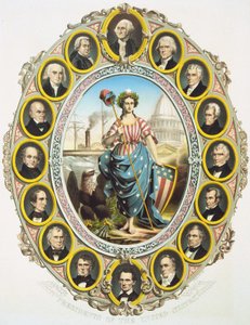 Die Präsidenten der Vereinigten Staaten mit dem Symbol Amerikas in der Mitte. Oben Washington und unten Abraham Lincoln. Plakat veröffentlicht zur Amtseinführung von Lincoln 1861. Gravur 1861 von Unknown artist