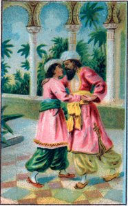 Die Rückkehr des Prinzen. Geschichte „Histoire du cheval enchanté“ in „Les mille et une nuits“ (die 1001 Nächte). Chromolithographie aus dem späten 19. Jahrhundert. von Unknown artist
