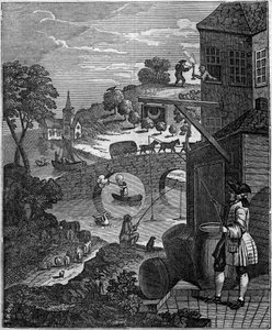 Die lächerliche Perspektive. Satirische Illustration von William Hogarth (1697-1764), die die Kunst der Perspektive von Malern verspottet, indem sie die Ebenen von Objekten und Personen vorschlägt, die aufgrund von Entfernungen in der Realität unmöglich si