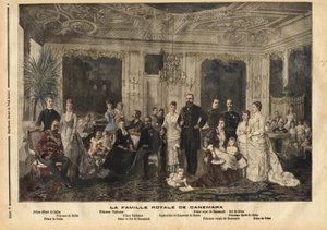 Die königliche Familie von Dänemark, in der Mitte sitzend, Königin Louise von Hessen-Kassel (1817-1898) und König Christian IX. von Dänemark (1818-1906) genannt „der schöne Vater Europas“, weil er mehrere seiner Kinder mit Erben der großen königlichen Fami