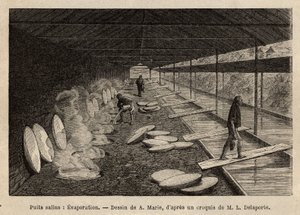Die Salzbrunnen von Ho-Boung, die offenen Galerien an der Bergseite, 20 Meter tief, werden von Holzrahmen gestützt, das Wasser wird durch Bambusrohre in Marmorrinnen geleitet, jede entspricht einem Ofen, in dem Salzwasser zur von Unknown artist
