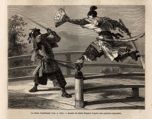 Der Samurai Yashitsune im Gleichgewicht auf der Barriere einer Brücke, greift einen Samurai in Rüstung an. Gravur zur Illustration der Reise nach Japan, 1863-1864, von Aime Humbert, Minister der Schweizerischen Eidgenossenschaft, in „Le tour du monde, nouv von Unknown artist