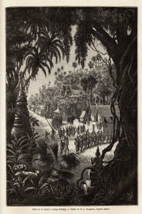 Die Saisonfeiern in Luang Prabang, königliche Hauptstadt von Lan Xang (Königreich der Millionen Elefanten) (heutiges Laos), bestehend aus einer Prozession der Einwohner und einer Pagode der Anbetung durch die ganze Stadt. Gravur zur Illustration einer Entd