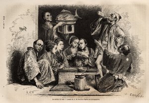 Der Sake-Dienst ist das Zeremoniellste bei Banketten, Sake wird in großen lackierten Töpfen oder Bronzekannen gebracht, die auf einer Bambusleiste platziert und in Porzellanflaschen erhitzt werden. von Unknown artist