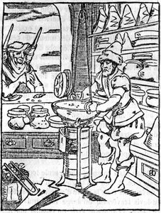 Das Geschäft des Apothekers und Händlers von Salben und Tränken im 16. Jahrhundert, der Friseur kümmert sich um das Haar eines Kunden - In „Der malerische Laden“ 1836 von Unknown artist