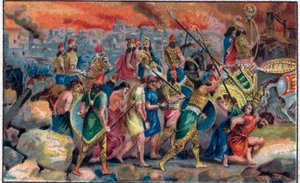 Die Belagerung der Stadt Jerusalem durch den babylonischen König Nebukadnezar II. im Jahr 586 v. Chr. und die Zerstörung der Stadt und des Tempels von Jerusalem. Chromolithographie aus dem späten 19. Jahrhundert. von Unknown artist