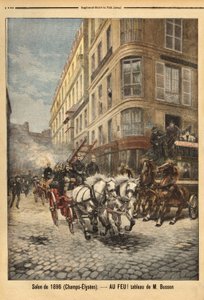 Die Dampfpumpe und Fahrzeuge der Feuerwehr in Paris, nach einem Gemälde von Herrn Busson. Gravur in „Le petit journal“ 3/05/1896. Sammlung Selva. von Unknown artist