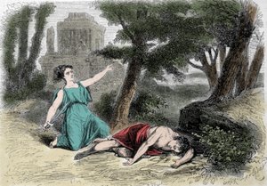 Der Selbstmord des Pyramus unter dem Maulbeerbaum und der Tod der Thisbe. Überzeugt, dass die Löwin Thisbe verschlungen hatte, gab sich Pyramus den Tod und bedeckte die weißen Maulbeeren mit seinem Blut. Thisbe, die sich versteckte, um der Löwin zu entkomm
