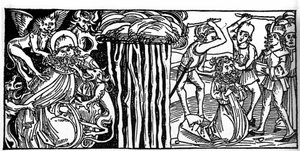 Die Versuchungen des heiligen Antonius des Großen (oder des heiligen Antonius des Einsiedlers oder des heiligen Antonius des Abtes), und rechts sein Martyrium nach. Stich aus „Leben der Heiligen - Sommerteil“ (Das Buch der Heiligen) von Jacobus (Jakob) von