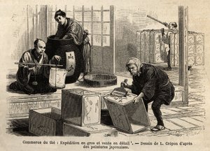 Der Handel mit Tee: Groß- und Einzelhandel. Gravur zur Illustration der Reise nach Japan, von Aimé Humbert, Minister der Schweizerischen Eidgenossenschaft, 1863-1864, veröffentlicht in „Le tour du monde“, 1869, herausgegeben von Edouard Charton, Edition Ha von Unknown artist