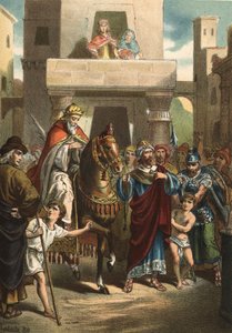 Der Triumph von Mardocheus (oder Mordechai), biblische Figur (5. Jahrhundert v. Chr.). In „El Culto de la Hermosura“ von Juan Justo Huguet, Molinas Hermanos editores