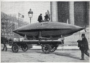 Das Unterseeboot „Le Goubet“, transportiert für Experimente, passiert den Place de la Madeleine in Paris. Gravur in „La Nature“ von Unknown artist