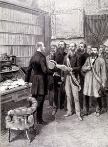 Der Besuch der Arbeiterdelegierten im Palais Bourbon (Jules Guesde, Herr Ferroul, Herr Baudin und Herr Thivrier) beim Generalsekretär der Präsidentschaft: Herr Martin, während der Demonstration am 1. Mai