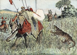 Die Reise des Prinzen von Wales (später Edward VIII, dann Herzog von Windsor) (1894-1972) nach Britisch-Indien, hier bei einer Tigerjagd dargestellt