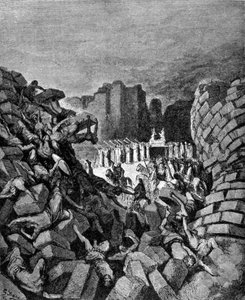 Die Mauern von Jericho stürzten unter dem Klang der Trompeten von Hosea ein, was den Hebräern ermöglichte, sie zu erobern. Buch Josua. Gravur des 19. Jahrhunderts