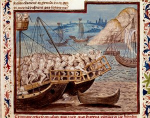 Der Gallische Krieg: „Die Landung der Truppen von Julius Caesar und der Sieg über die Briten“ Miniatur aus „Die Taten der Römer“ (oder Li Fet der Römer), zusammengefasst von Sallust und Sueton und Lucan