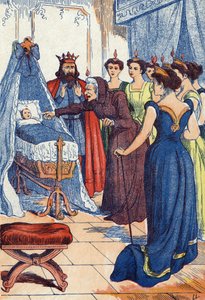 Die böse Fee prophezeit der Prinzessin, dass sie sich stechen wird. Illustration für „Dornröschen“ von Charles Perrault von Unknown artist