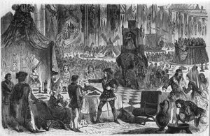 Das Gelübde des Fasans. Philipp III. der Gute, Herzog von Burgund (1396-1467), schloss sich am 17. Februar 1454 dem Kaiser von Konstantinopel zu einem Bankett im Hotel der Salle de Lille an. Gravur aus dem 19. Jahrhundert.