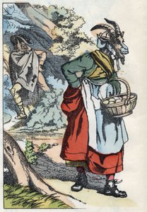 Der Wolf sucht die Ziege, die ihr Zuhause verlässt. Illustration des Märchens „Compere le Loup, Maitre Renard, Comere la Chevre et ses petits biquets“ nach einer Fabel von Jean de La Fontaine. In „Märchen aus dem Heim für die Kleinen“. Anonyme Gravur des 1